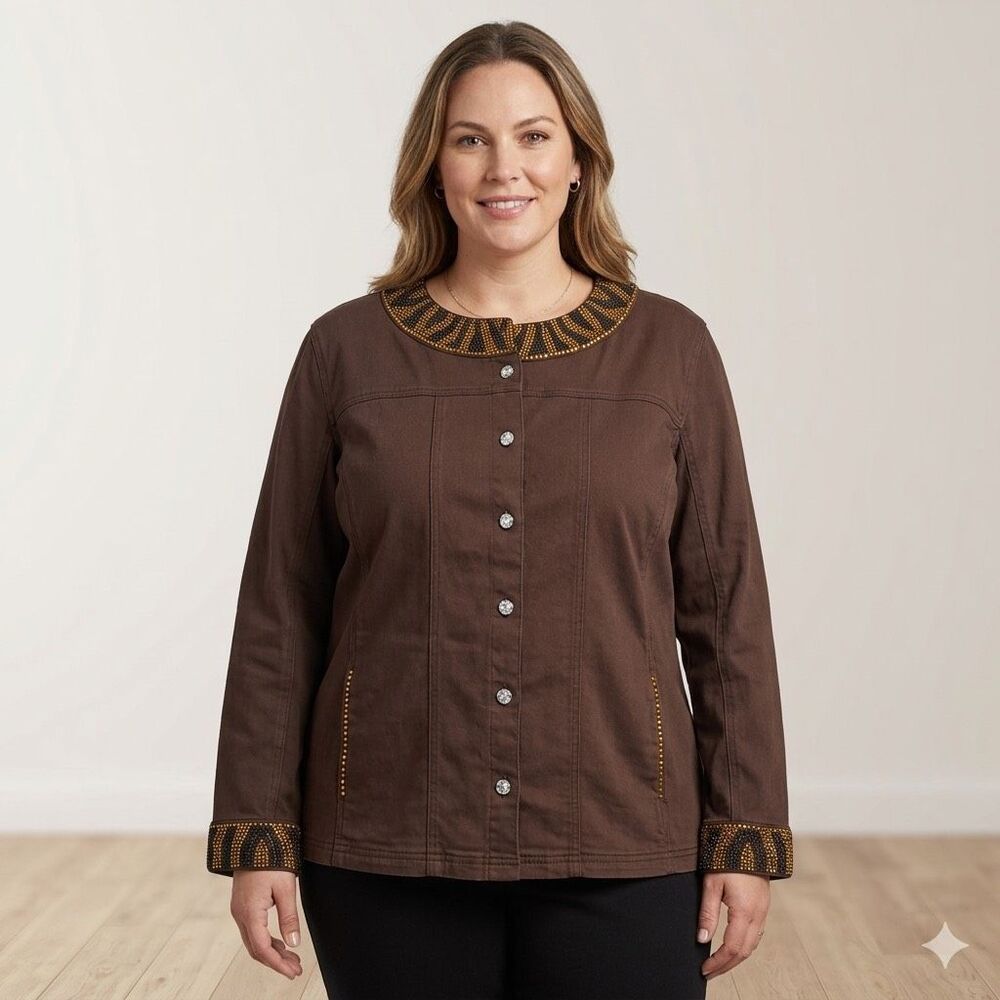 Quacker Factory Animal Chic Beaded Embellished Brown Jacket Size 2X